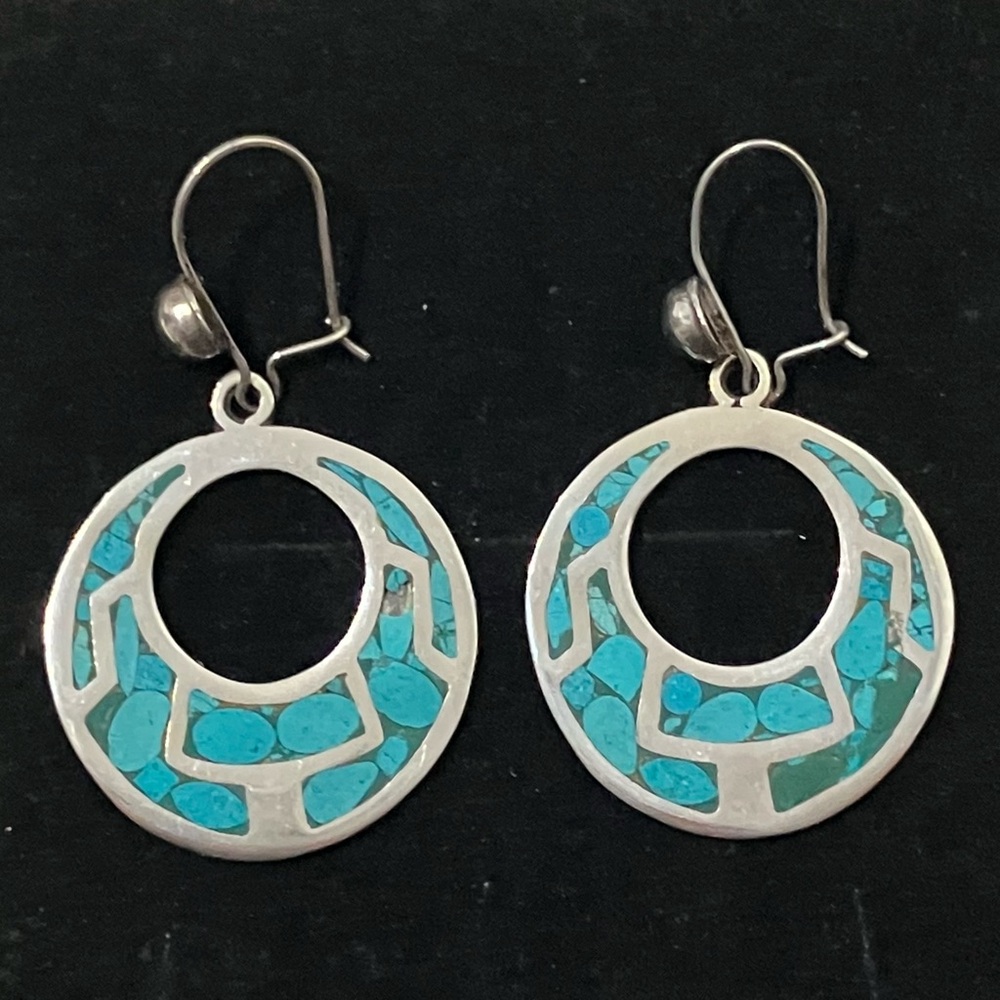 Sterling Silver 925 Mexico Turquoise Inlay Large Earrings